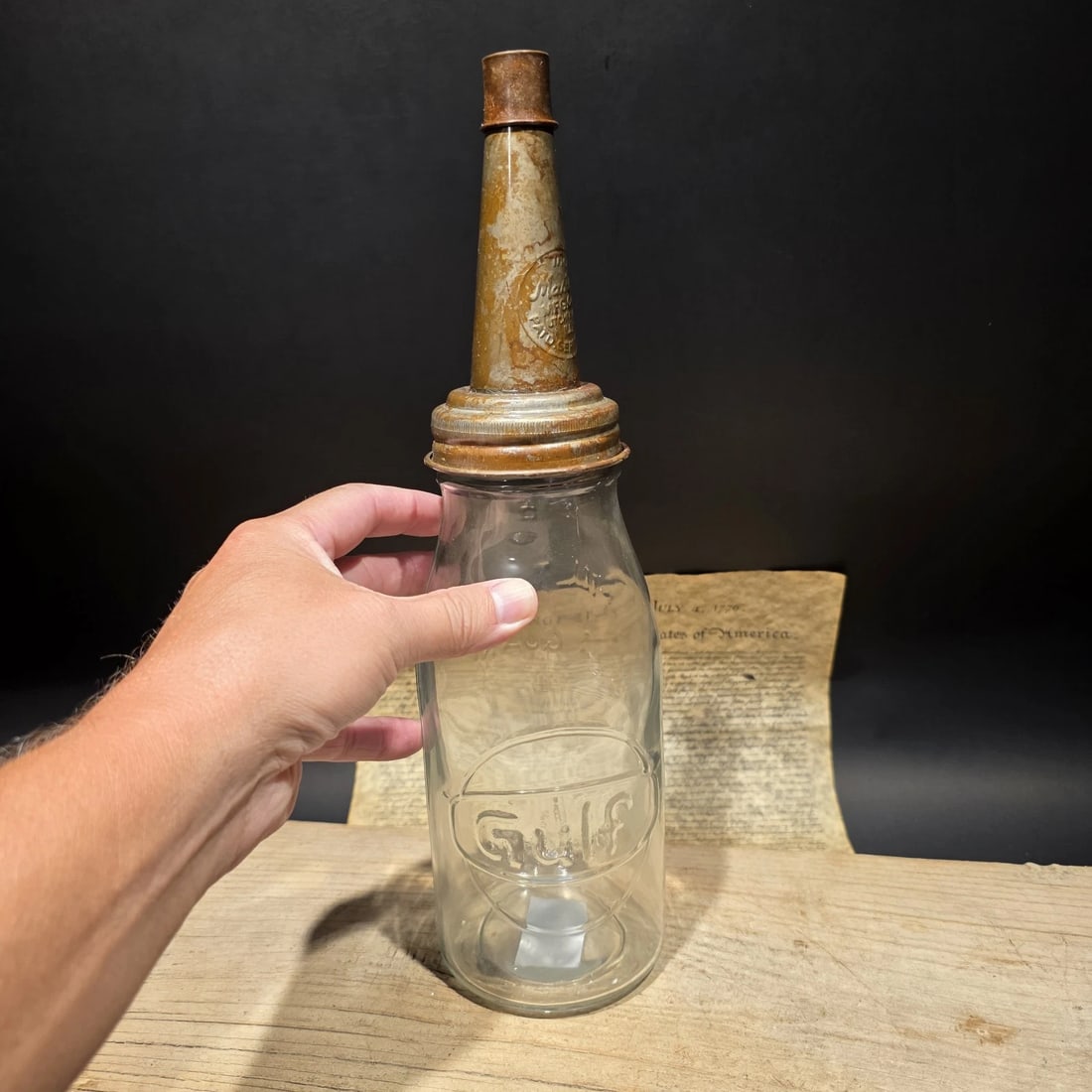 1930s Style Glass Gulf Oil Bottle w Spout - 13