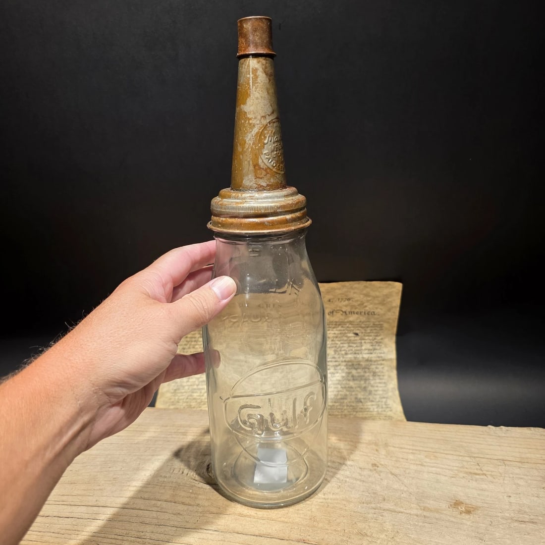 1930s Style Glass Gulf Oil Bottle w Spout - 14