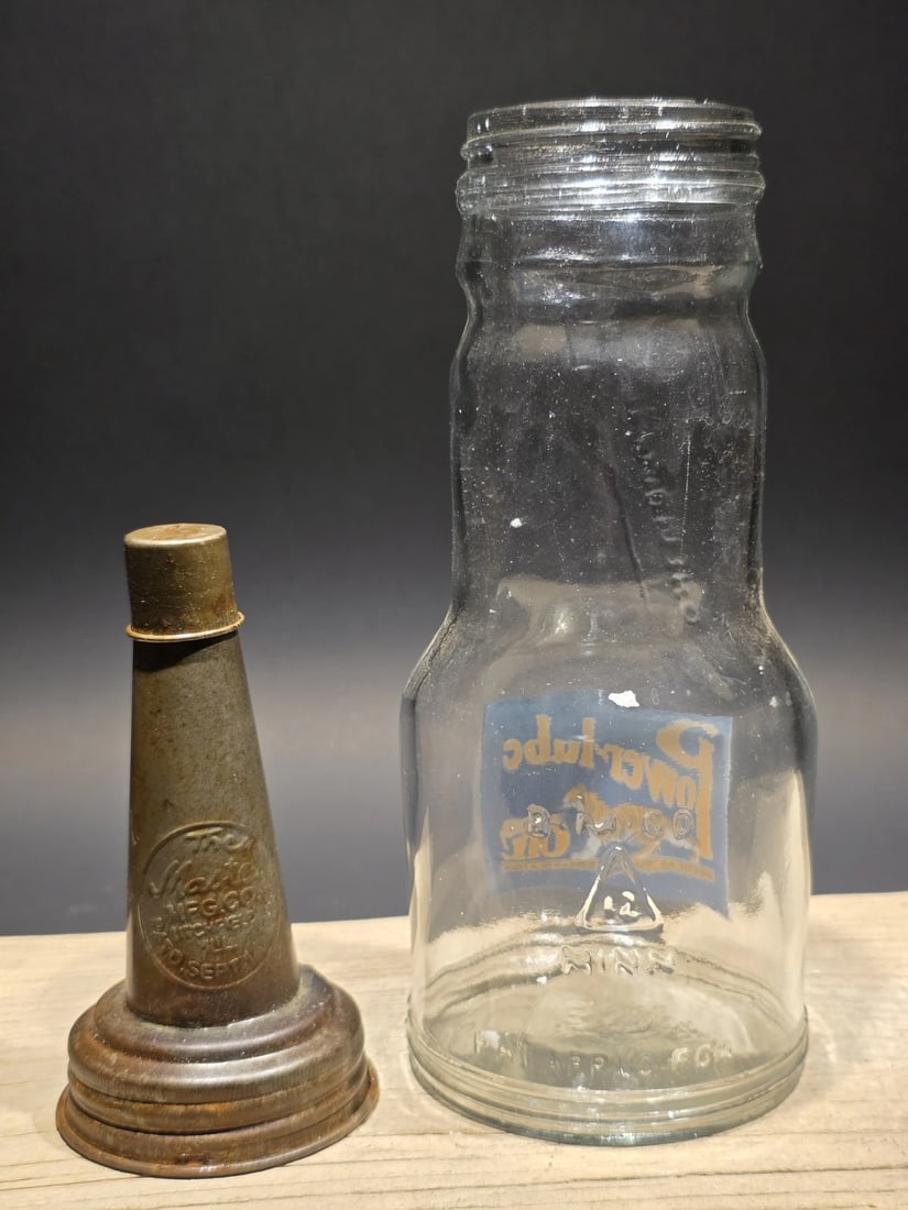 1930s Style Glass Power Lube Oil Bottle w Spout - 4