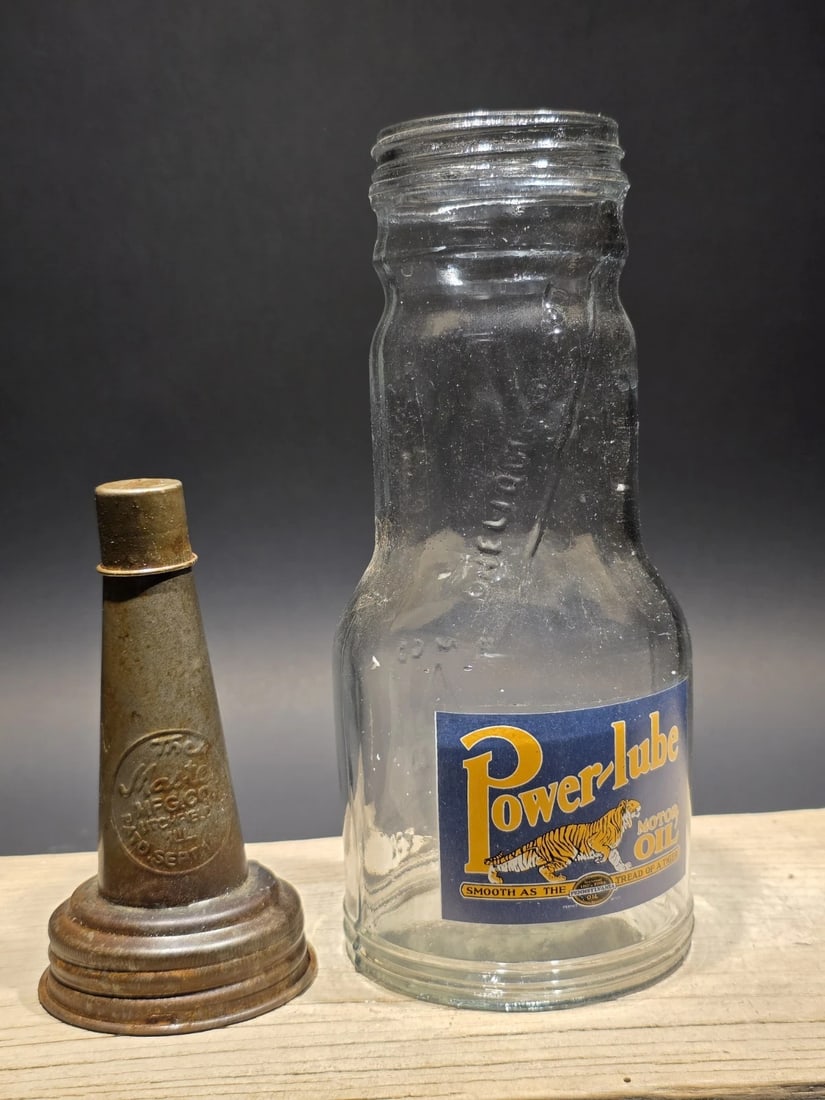 1930s Style Glass Power Lube Oil Bottle w Spout - 5