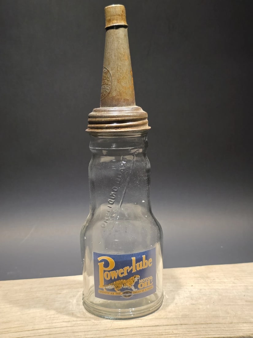 1930s Style Glass Power Lube Oil Bottle w Spout - 6