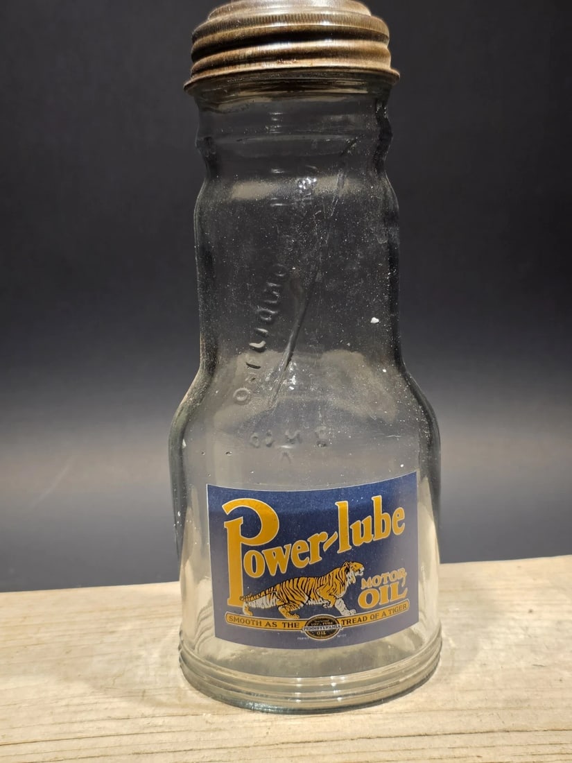 1930s Style Glass Power Lube Oil Bottle w Spout - 7