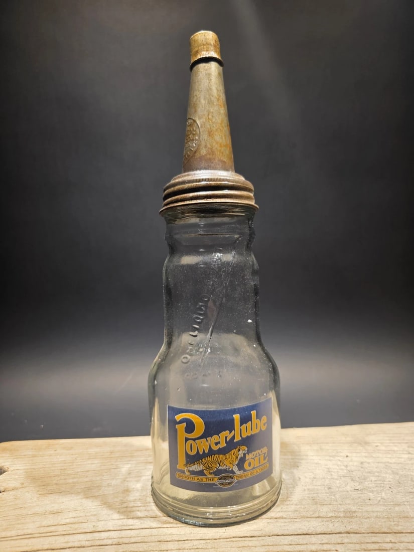 1930s Style Glass Power Lube Oil Bottle w Spout - 8
