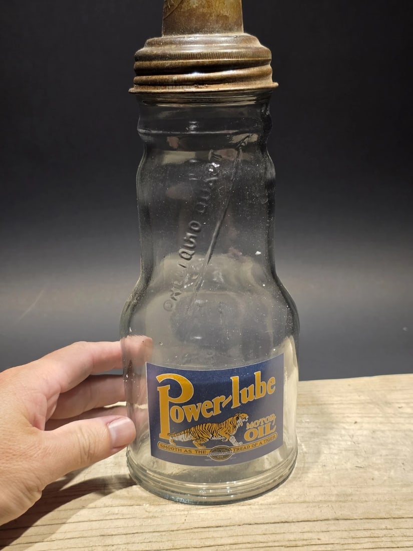 1930s Style Glass Power Lube Oil Bottle w Spout - 9
