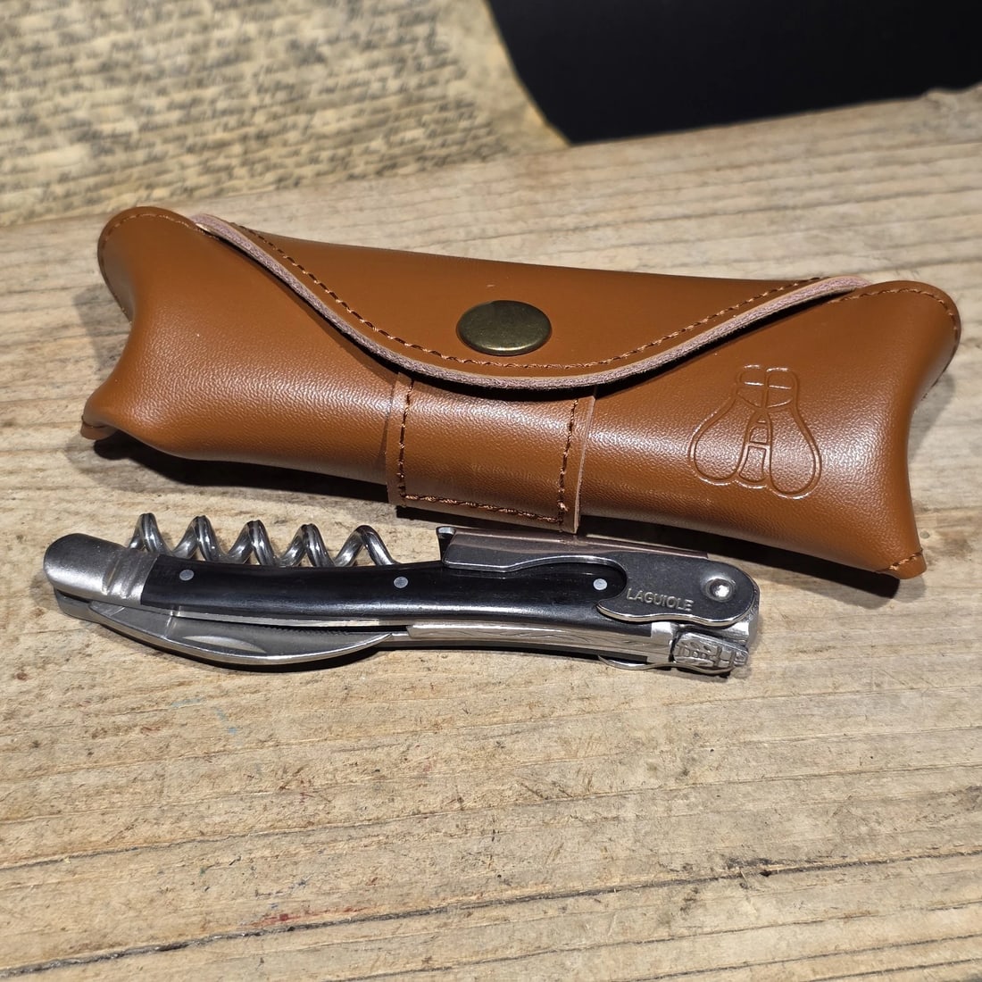 Laguiole Corkscrew with Black Horn Handles Leather Pouch - 3