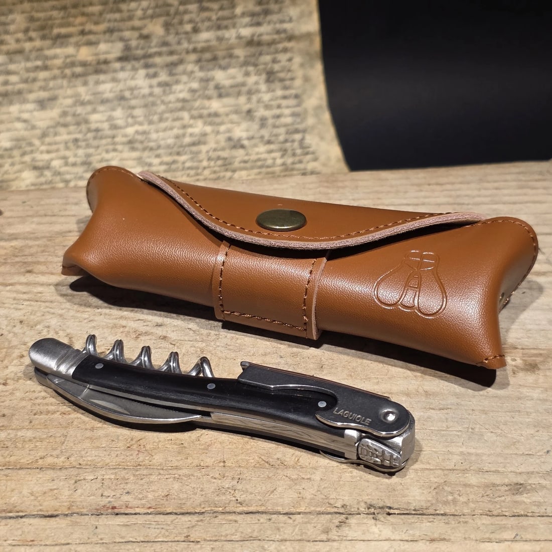 Laguiole Corkscrew with Black Horn Handles Leather Pouch - 8