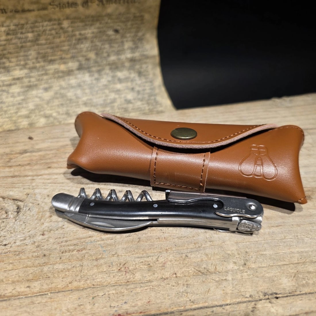 Laguiole Corkscrew with Black Horn Handles Leather Pouch - 9