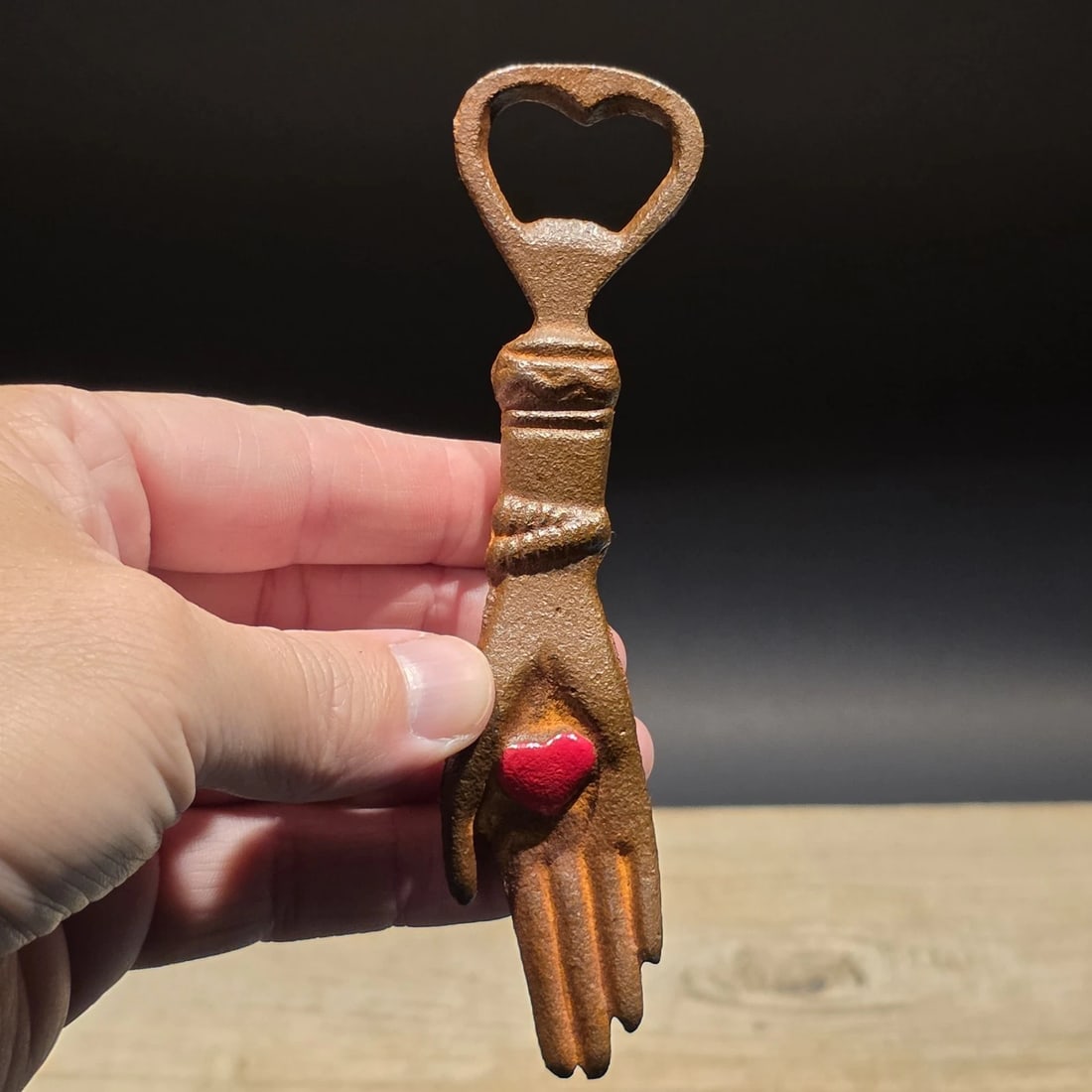 Cast Iron Heart in Hand Odd Fellows Bottle Opener - 5