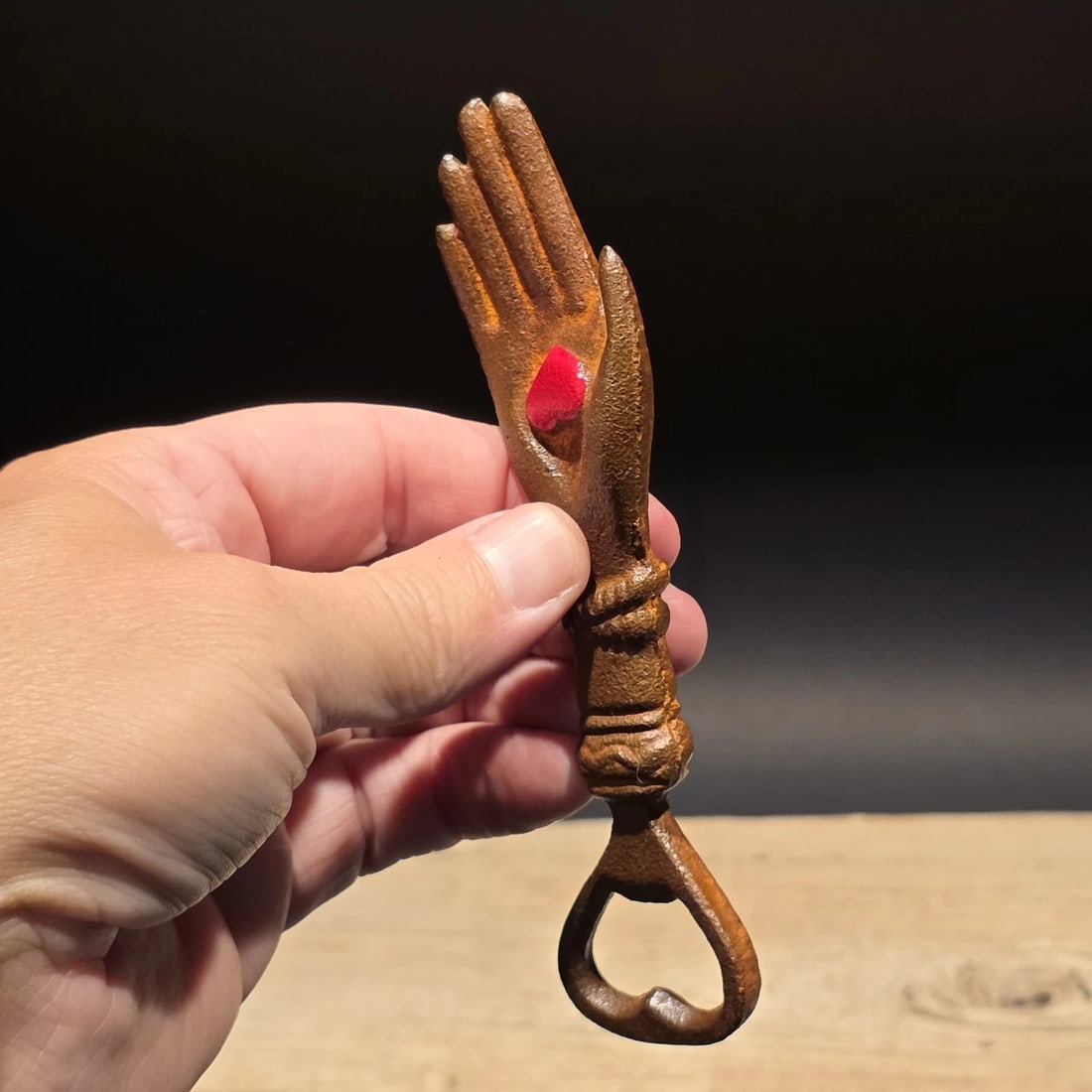 Cast Iron Heart in Hand Odd Fellows Bottle Opener - 7