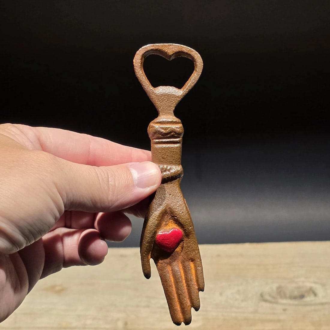 Cast Iron Heart in Hand Odd Fellows Bottle Opener - 8