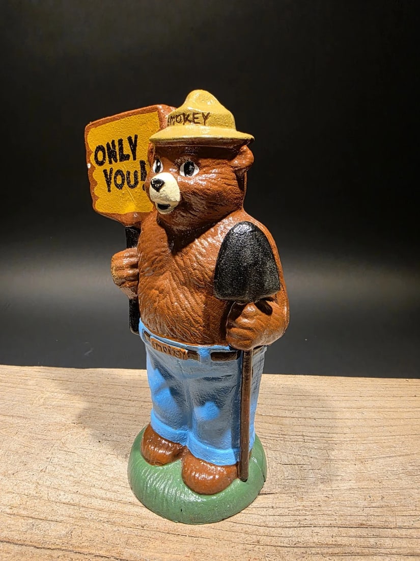 8" Cast Iron Smokey The Bear Coin Bank - 8