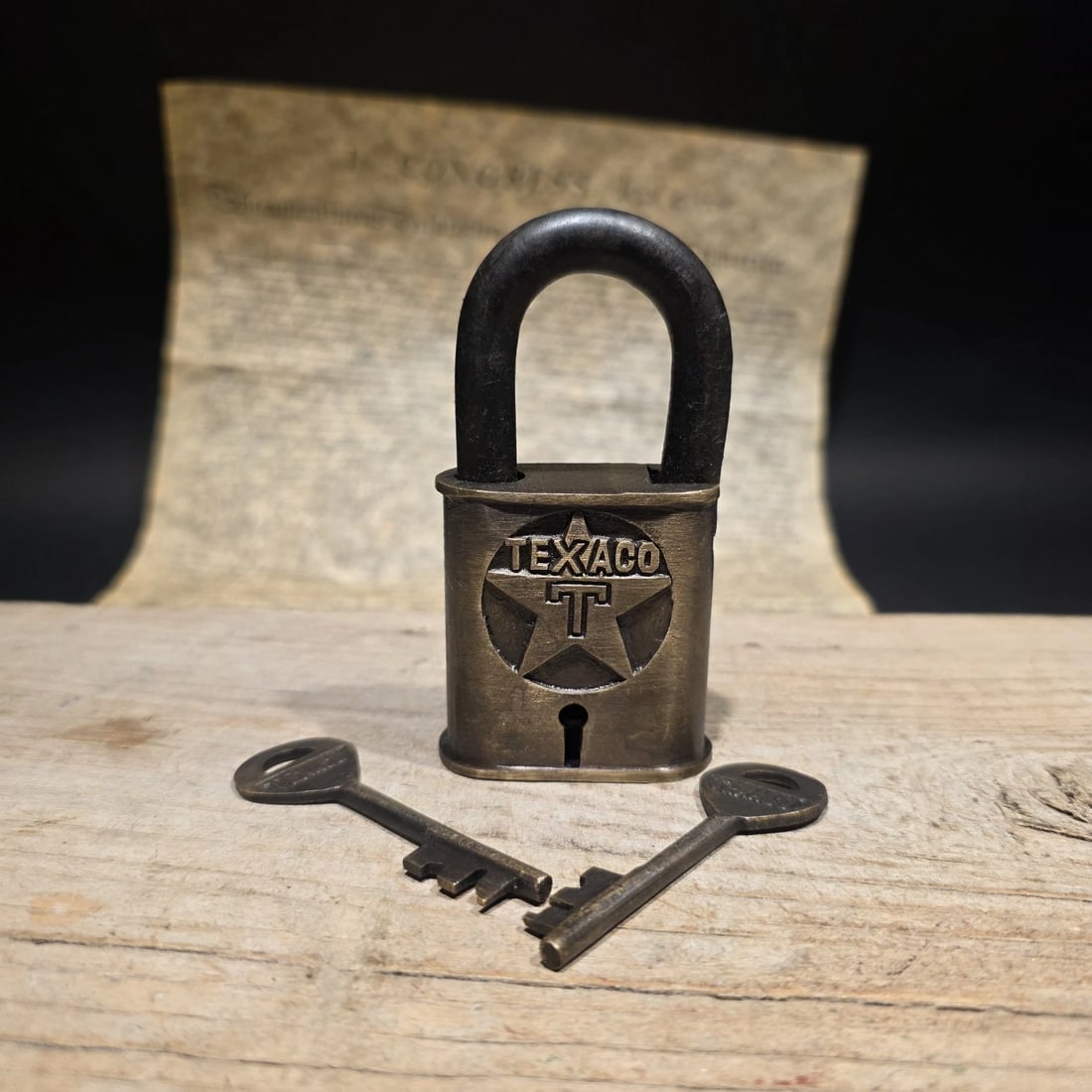 4" Antique Style Brass & Iron Texaco Padlock with Keys Oil Company Lock - 19