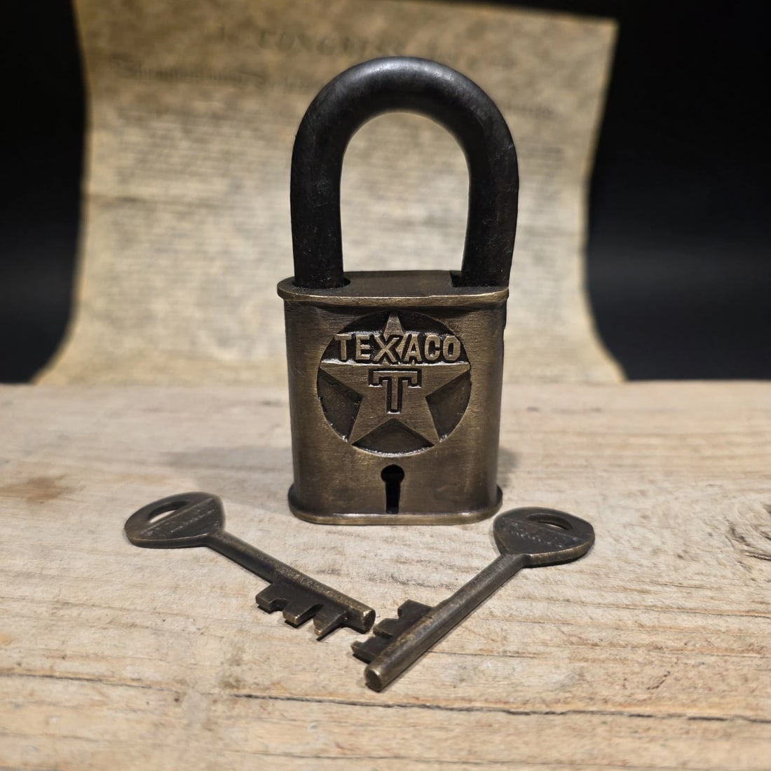 4" Antique Style Brass & Iron Texaco Padlock with Keys Oil Company Lock - 20
