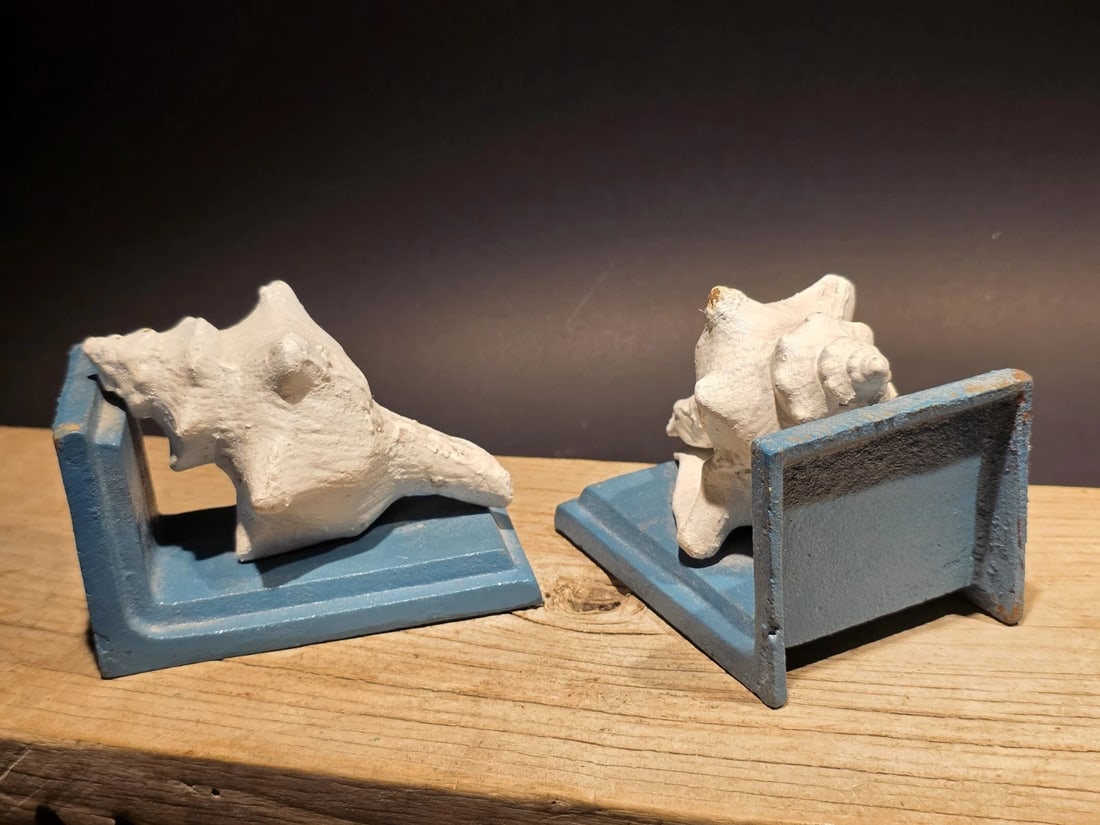 Pair of Cast Iron Conch Shell Bookends Old Paint - 10
