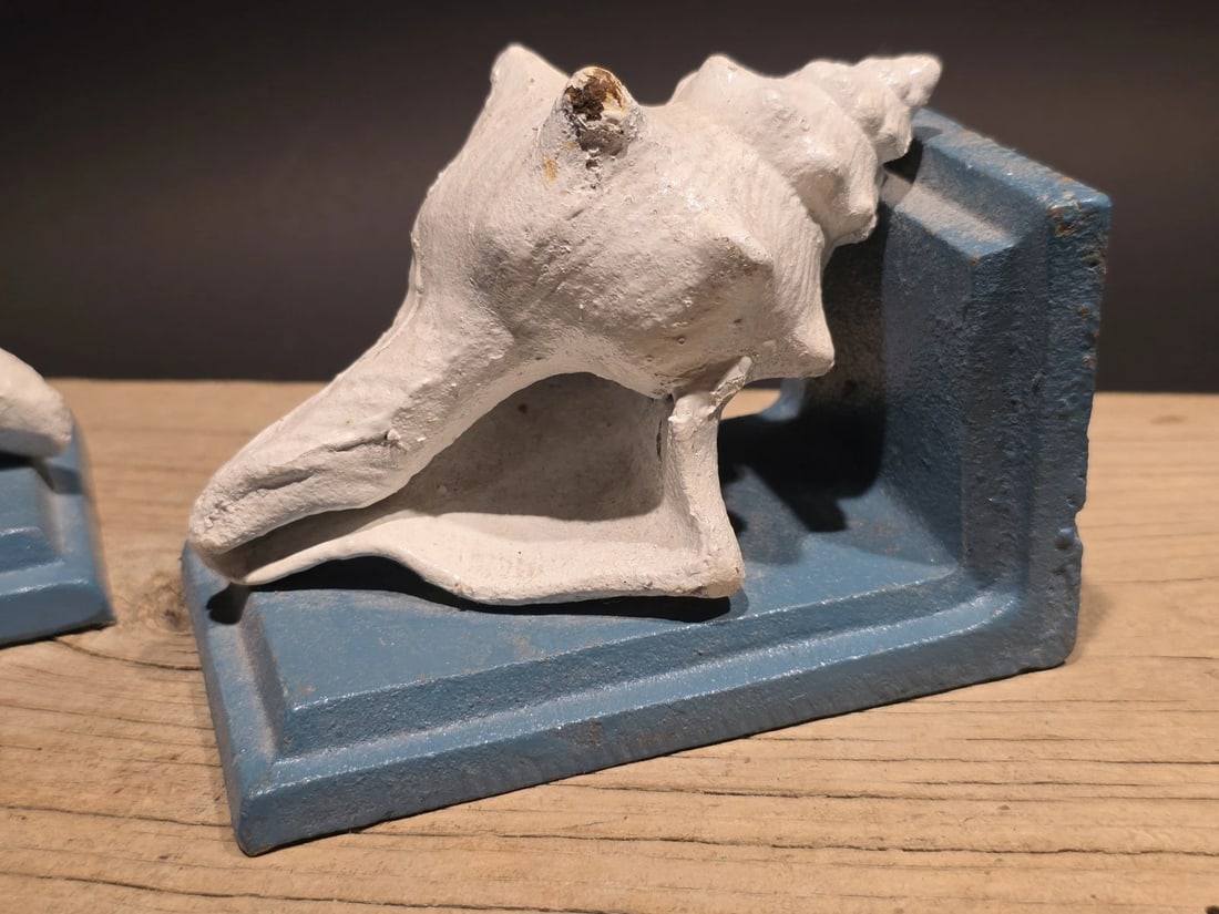 Pair of Cast Iron Conch Shell Bookends Old Paint - 8
