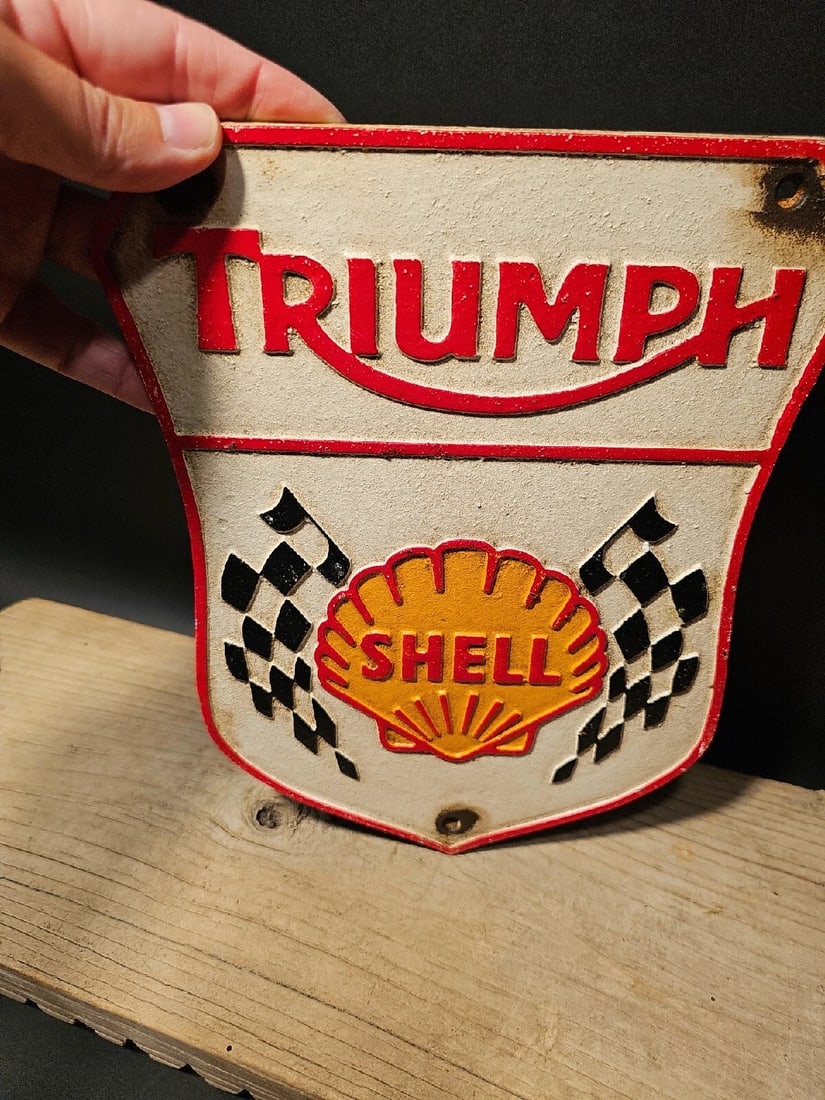 Cast Iron Triumph Shell Gas Oil Sign Plaque - 7