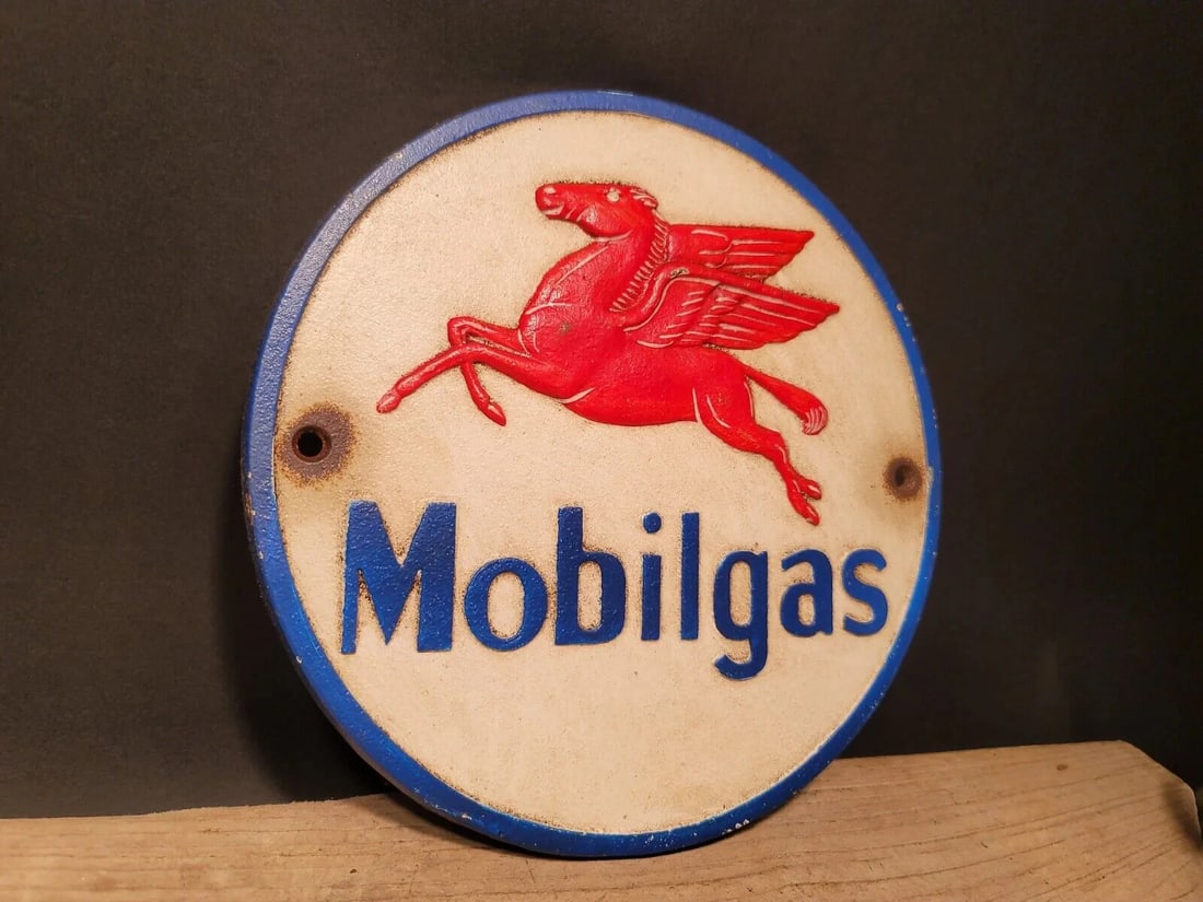 Cast Iron Round Mobile Gas Oil Sign Plaque - 12