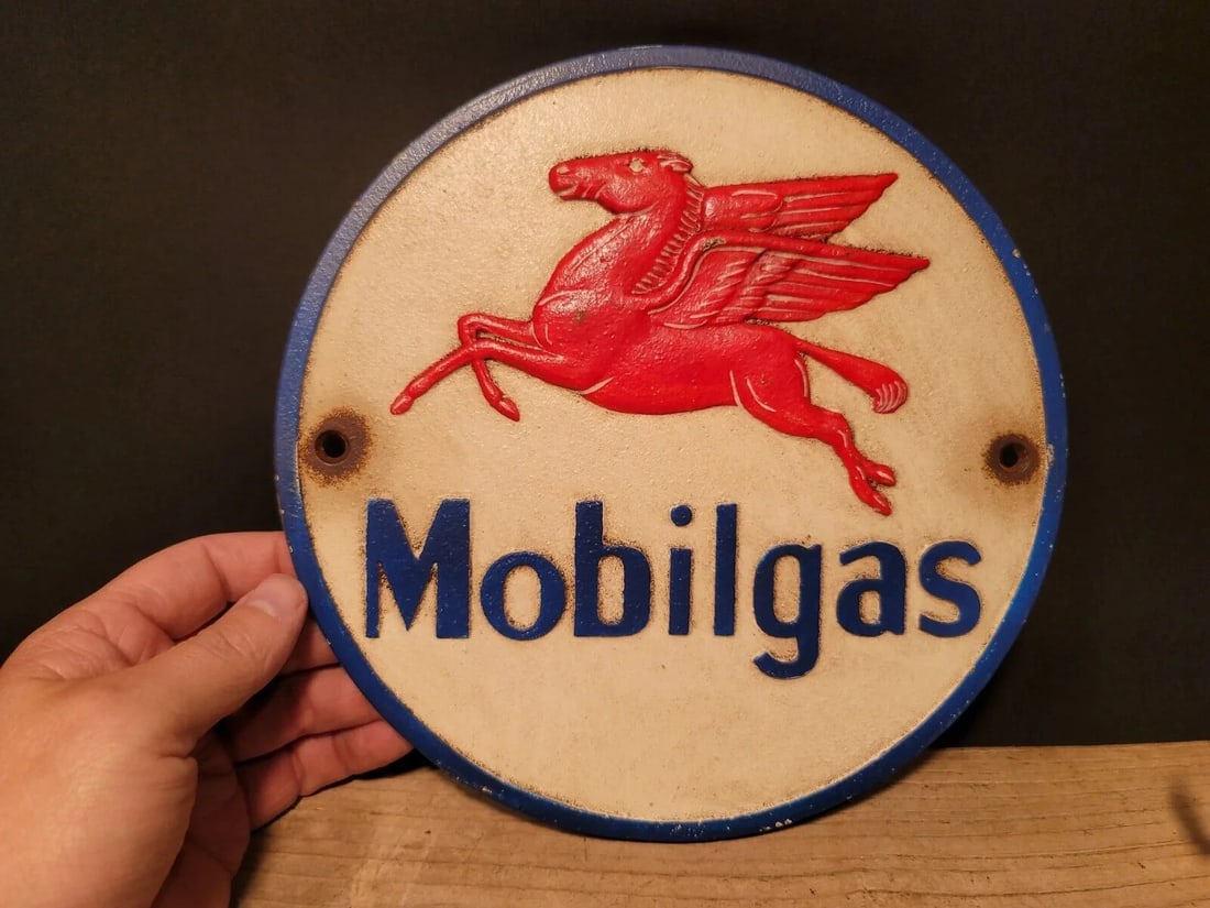 Cast Iron Round Mobile Gas Oil Sign Plaque - 3