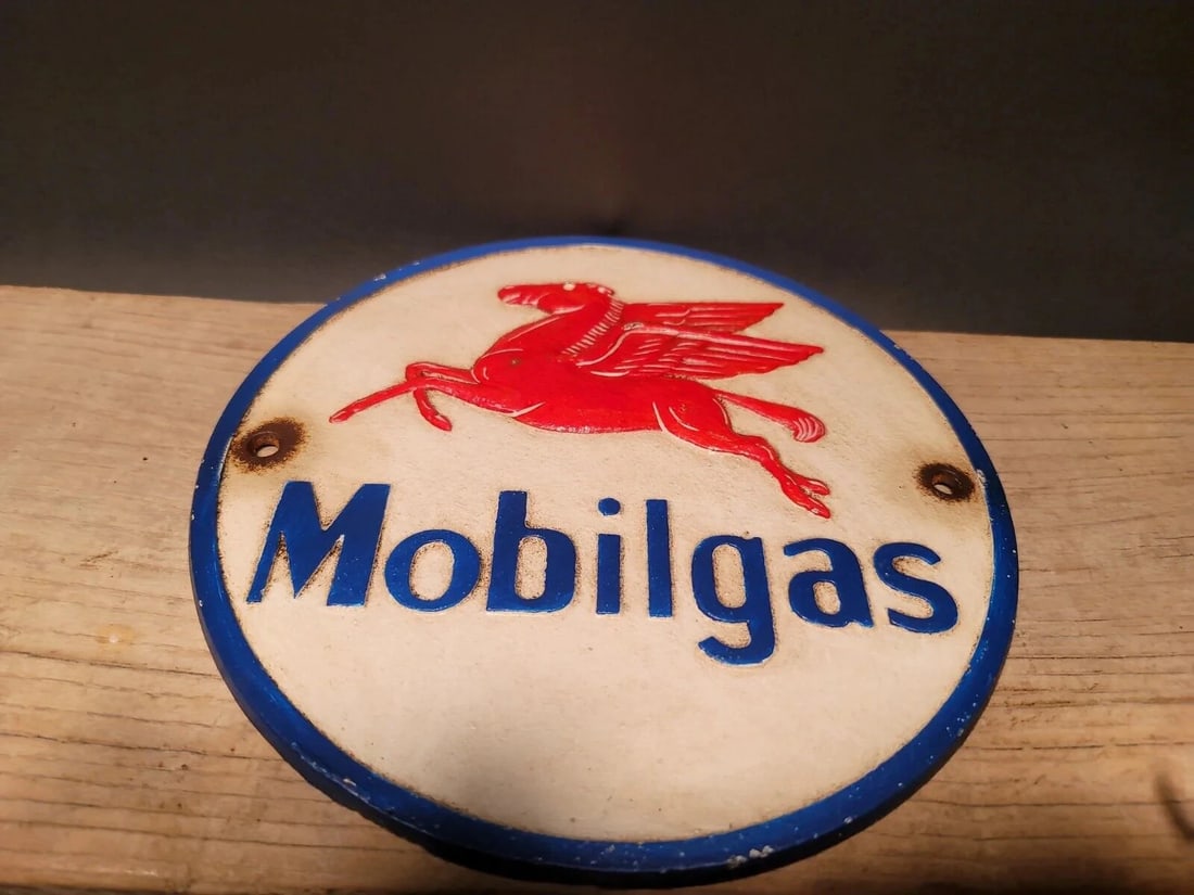 Cast Iron Round Mobile Gas Oil Sign Plaque - 4