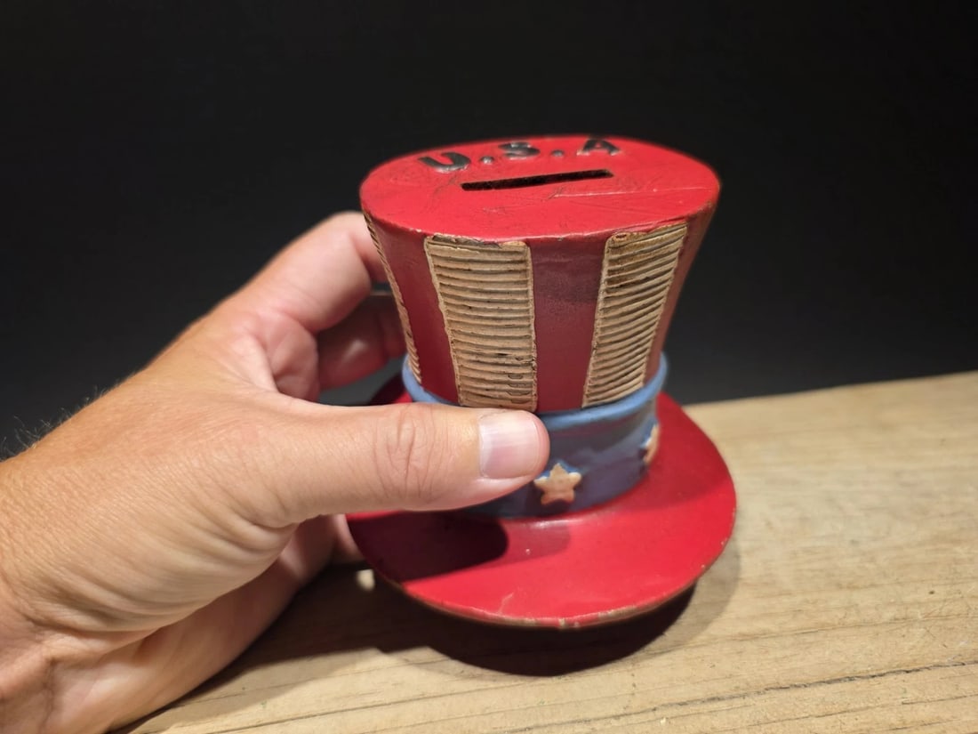 4 1/2" Cast Iron USA Patriotic Hat Coin Bank - 3
