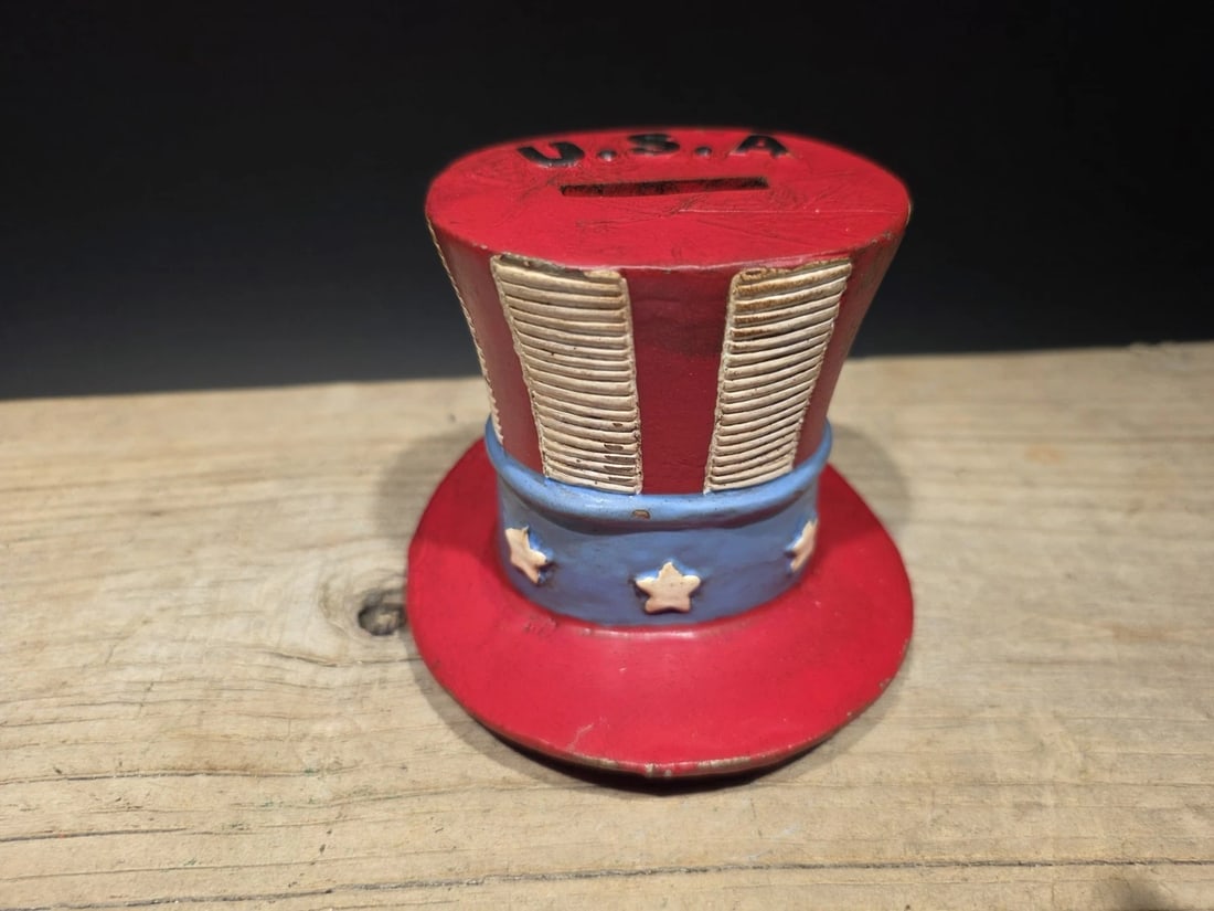 4 1/2" Cast Iron USA Patriotic Hat Coin Bank - 4