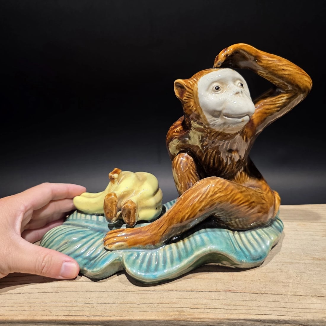 8" Majolica Style Monkey with Bananas Figurine - Wilson Ceramic Statue - 10