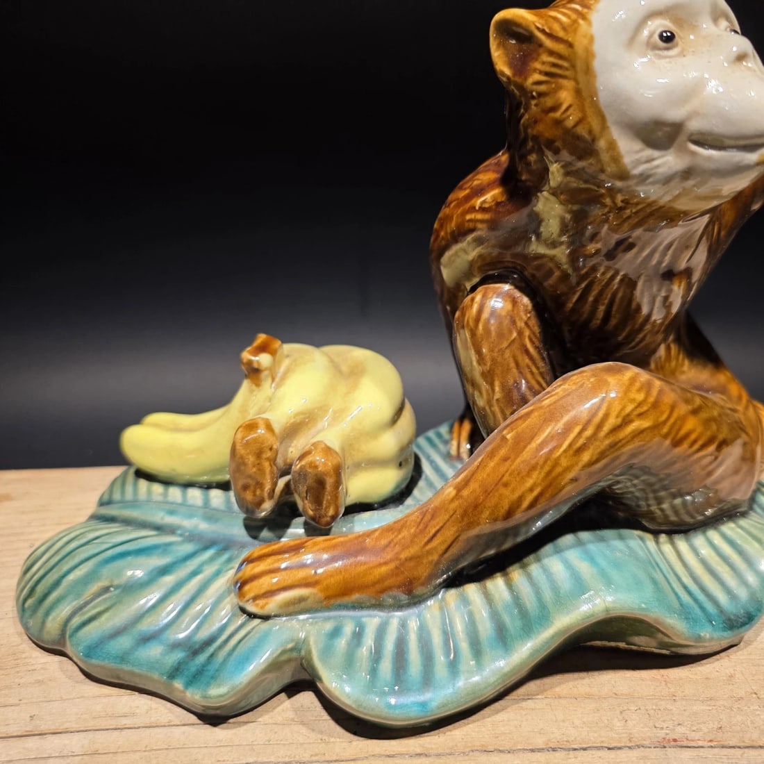 8" Majolica Style Monkey with Bananas Figurine - Wilson Ceramic Statue - 12