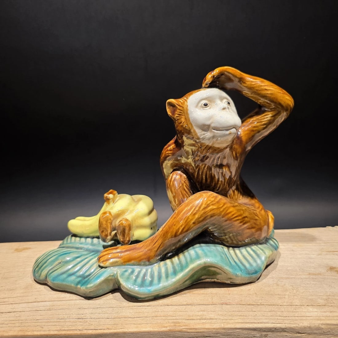 8" Majolica Style Monkey with Bananas Figurine - Wilson Ceramic Statue - 13
