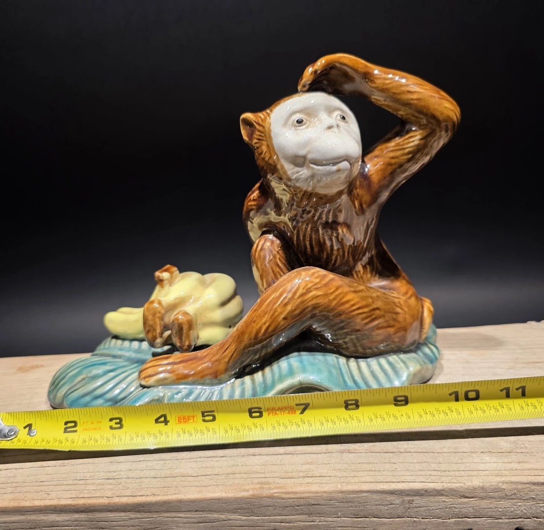 8" Majolica Style Monkey with Bananas Figurine - Wilson Ceramic Statue - 14