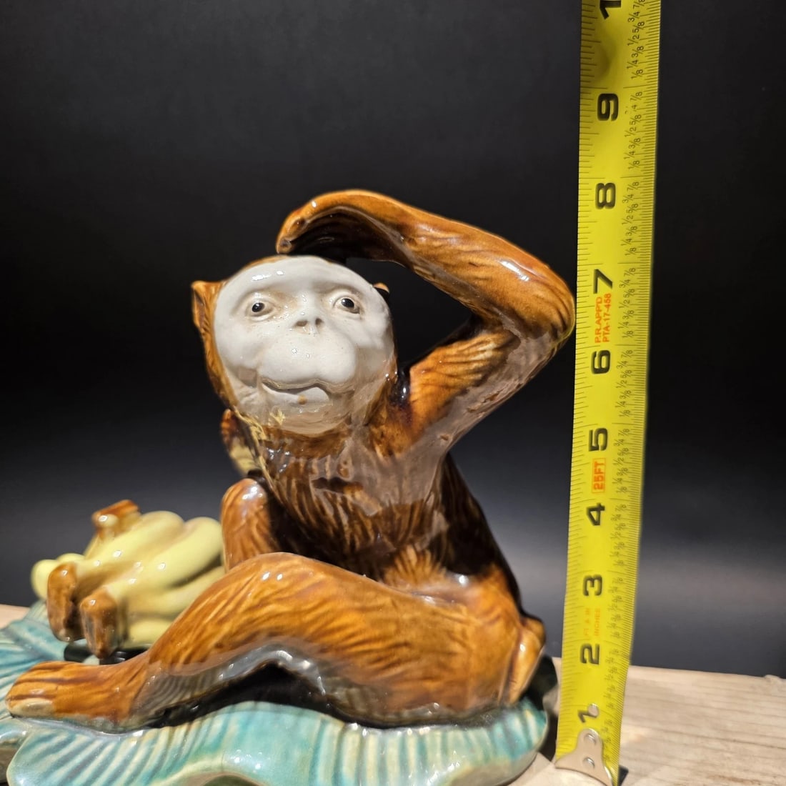 8" Majolica Style Monkey with Bananas Figurine - Wilson Ceramic Statue - 15