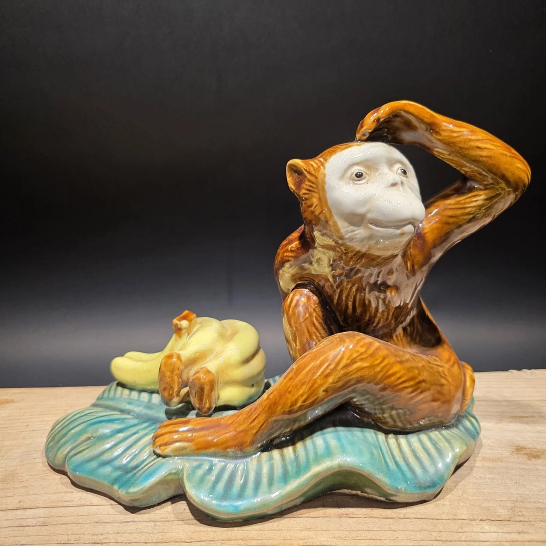 8" Majolica Style Monkey with Bananas Figurine - Wilson Ceramic Statue - 3