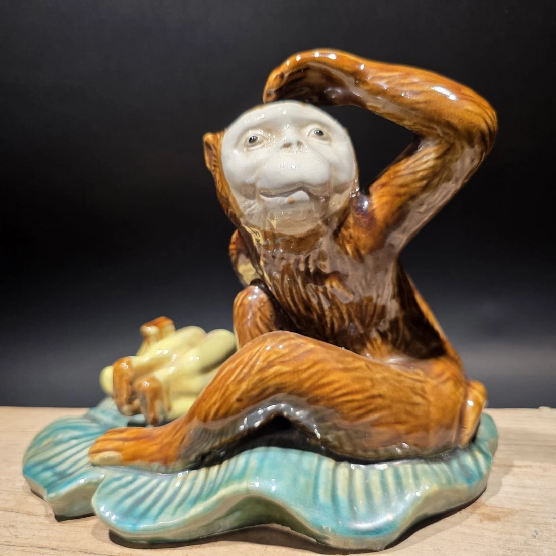 8" Majolica Style Monkey with Bananas Figurine - Wilson Ceramic Statue - 8