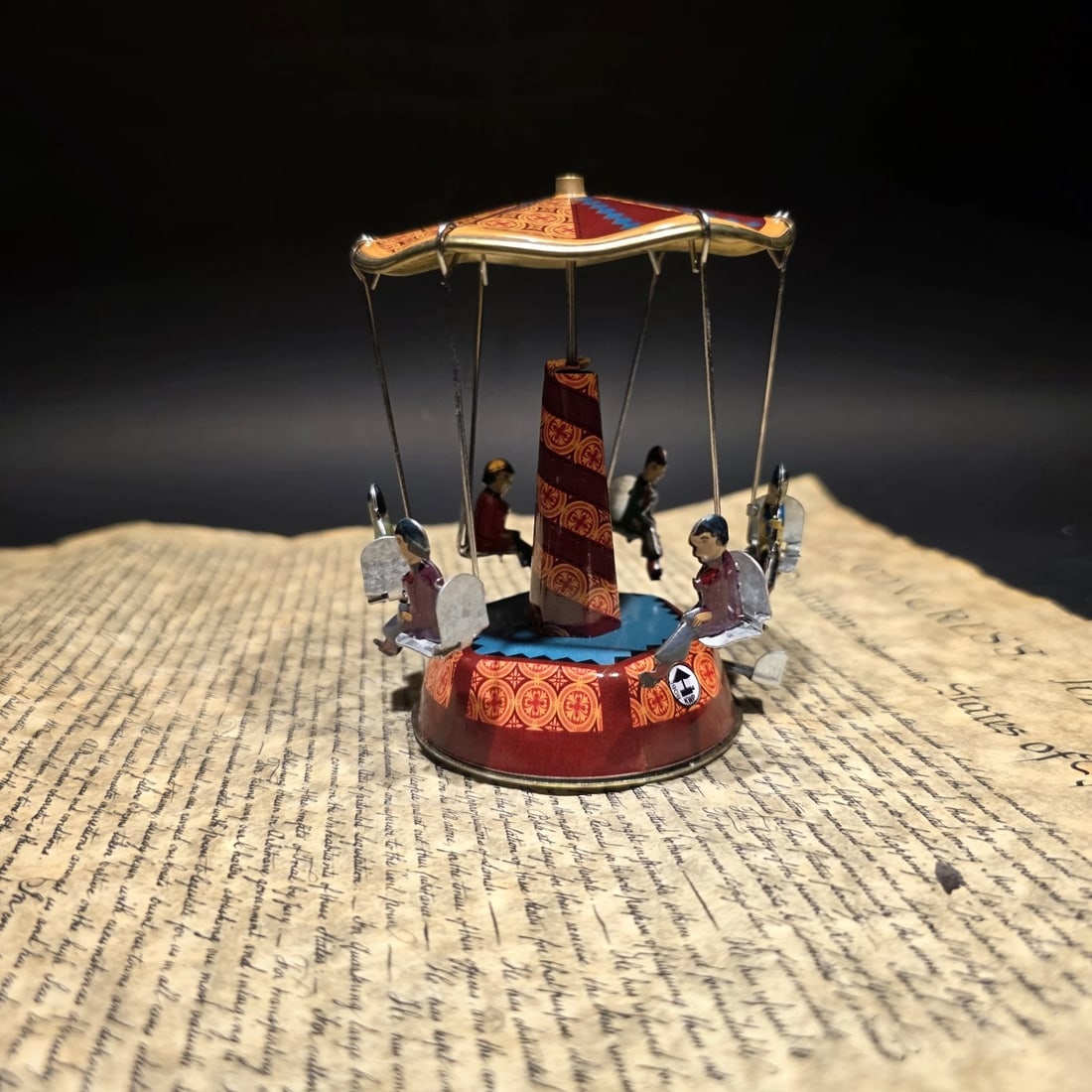 Tin Litho Carousel Swing Ride Wind-Up Amusement Park Toy - 10