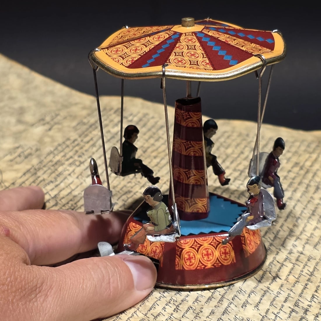 Tin Litho Carousel Swing Ride Wind-Up Amusement Park Toy - 16