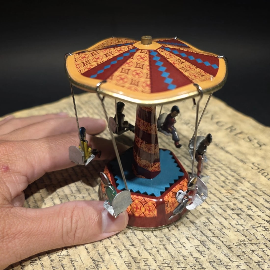 Tin Litho Carousel Swing Ride Wind-Up Amusement Park Toy - 5