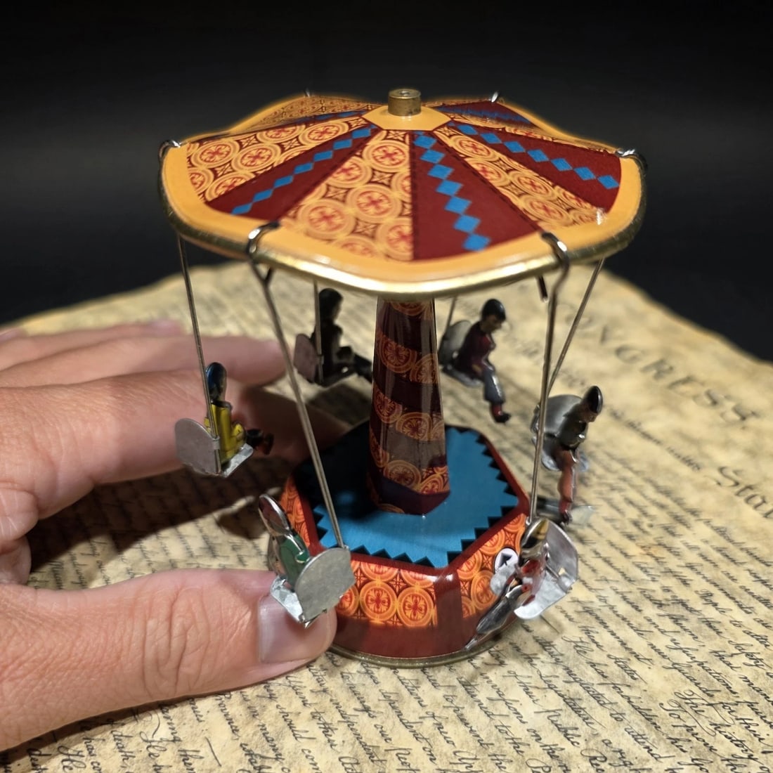 Tin Litho Carousel Swing Ride Wind-Up Amusement Park Toy - 6