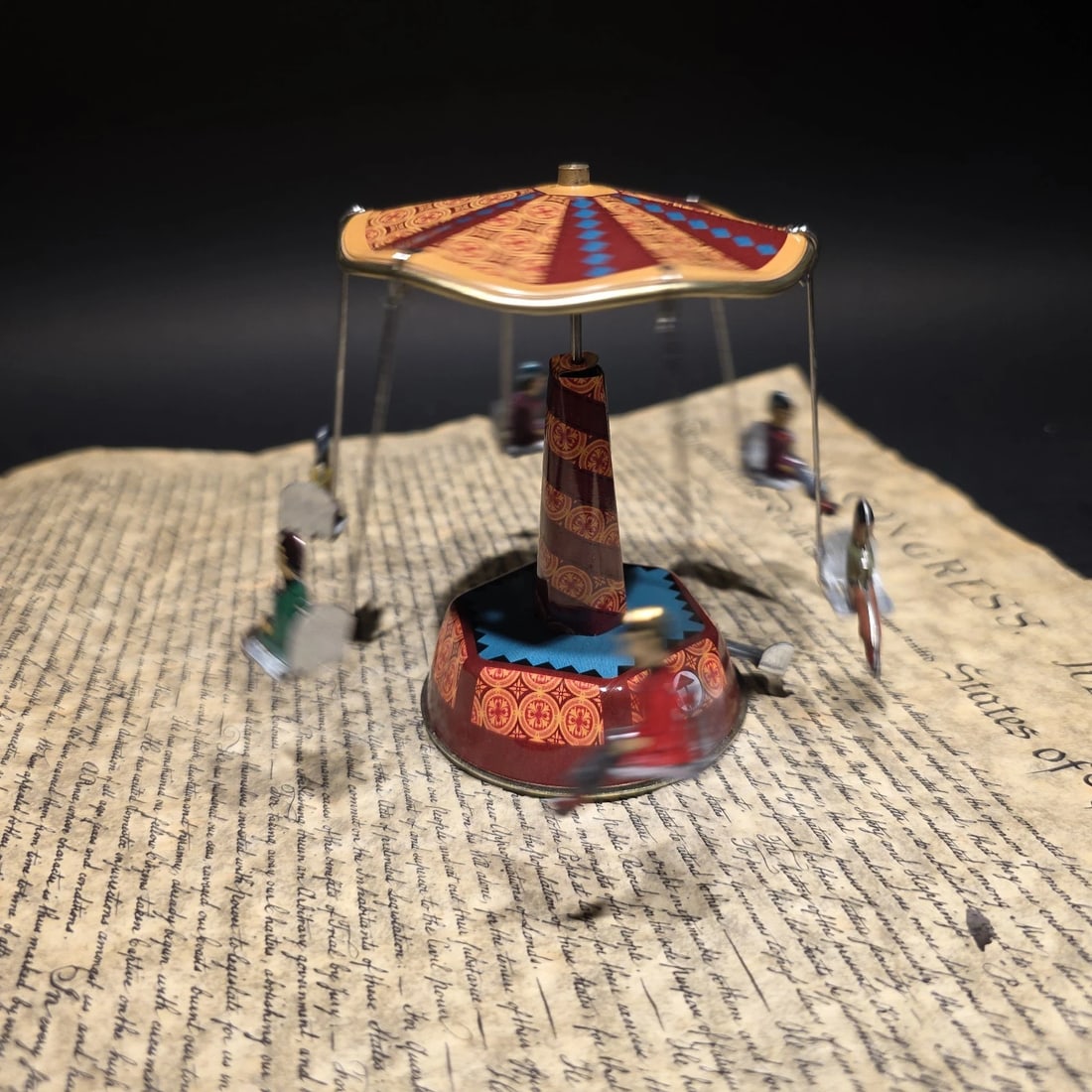Tin Litho Carousel Swing Ride Wind-Up Amusement Park Toy - 8