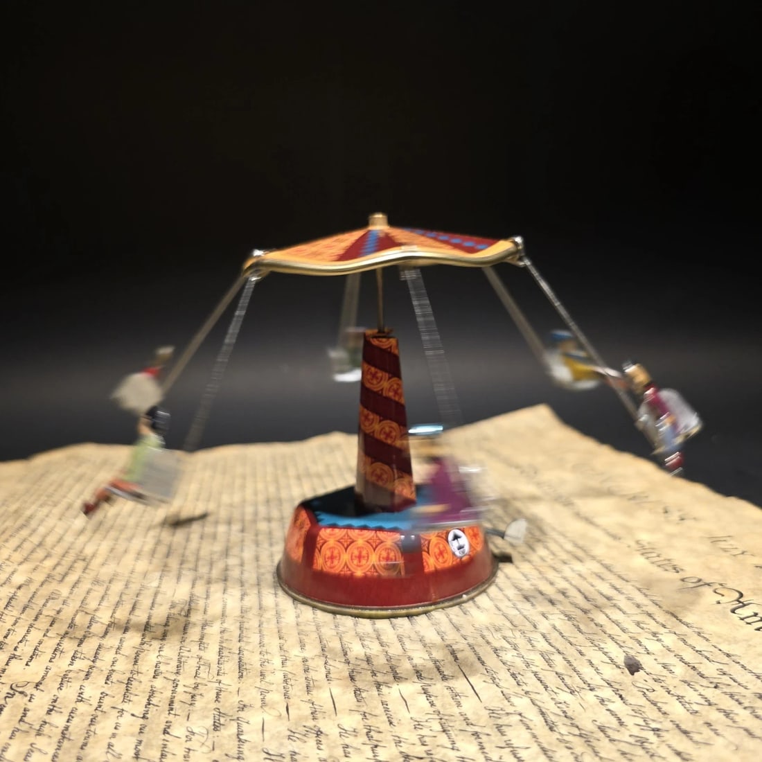 Tin Litho Carousel Swing Ride Wind-Up Amusement Park Toy - 9