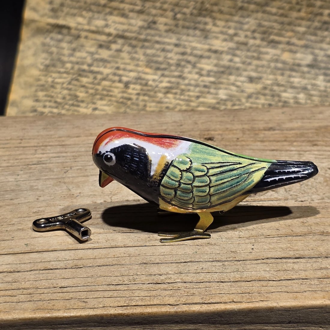 Tin Litho Pecking Bird Toy Wind-Up Mechanical Songbird - 4