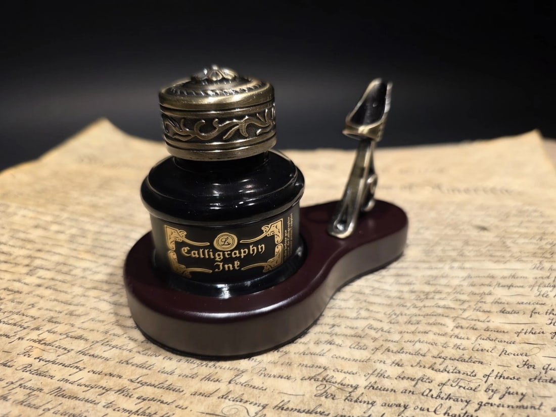 Inkwell Bottle With Metal Pen Holder Wood Base 1.5 Oz Black Ink - 10