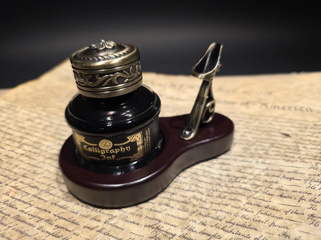 Inkwell Bottle With Metal Pen Holder Wood Base 1.5 Oz Black Ink - 11
