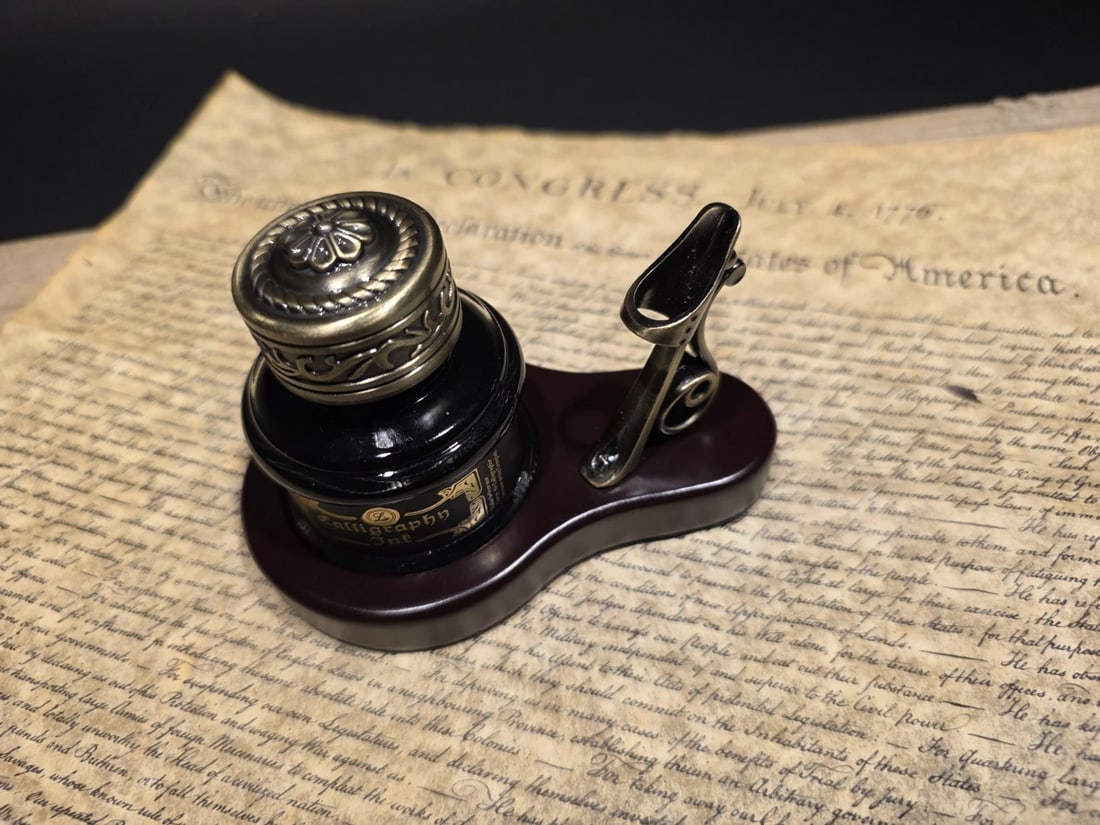 Inkwell Bottle With Metal Pen Holder Wood Base 1.5 Oz Black Ink - 7