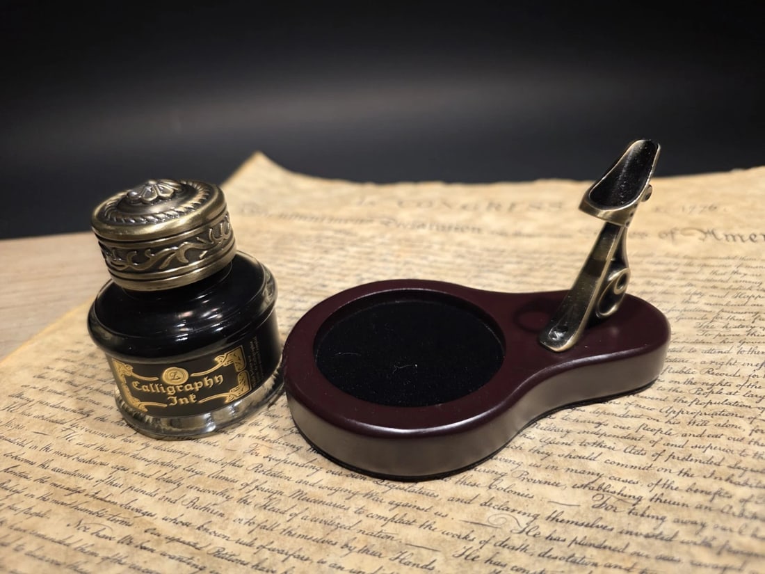 Inkwell Bottle With Metal Pen Holder Wood Base 1.5 Oz Black Ink - 8