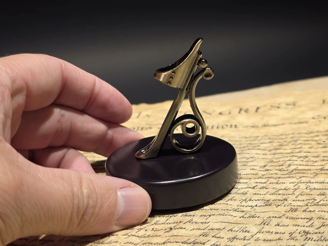 Antique Style Bronze & Wood Single Pen Holder - 6
