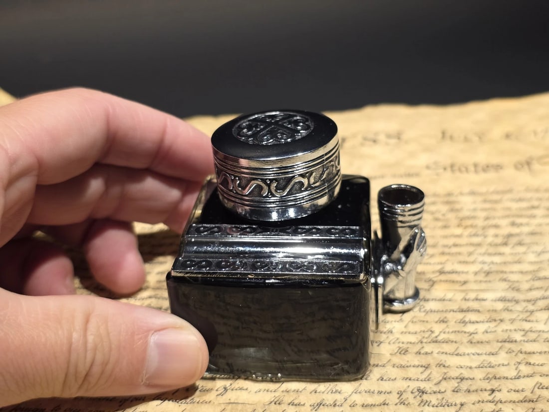 5" Glass Inkwell Pen Rest Filled with 1.75 oz Black Ink - 10
