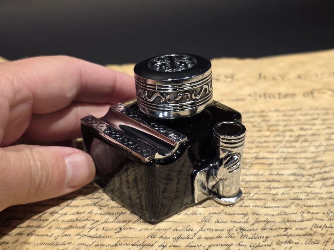 5" Glass Inkwell Pen Rest Filled with 1.75 oz Black Ink - 11