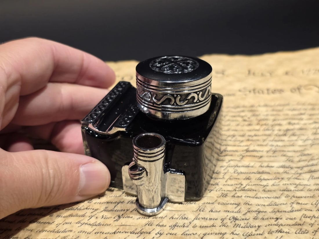 5" Glass Inkwell Pen Rest Filled with 1.75 oz Black Ink - 12