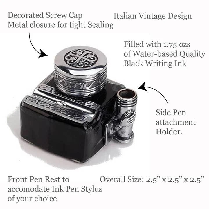 5" Glass Inkwell Pen Rest Filled with 1.75 oz Black Ink - 13