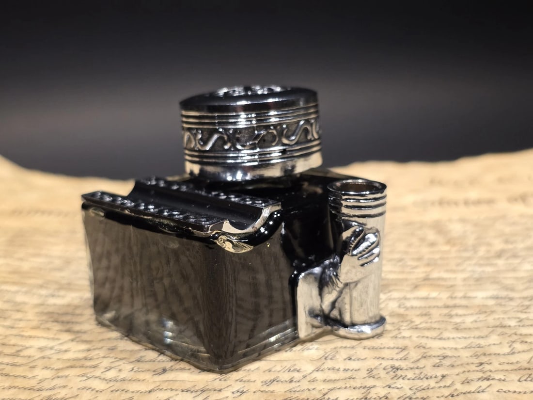 5" Glass Inkwell Pen Rest Filled with 1.75 oz Black Ink - 3