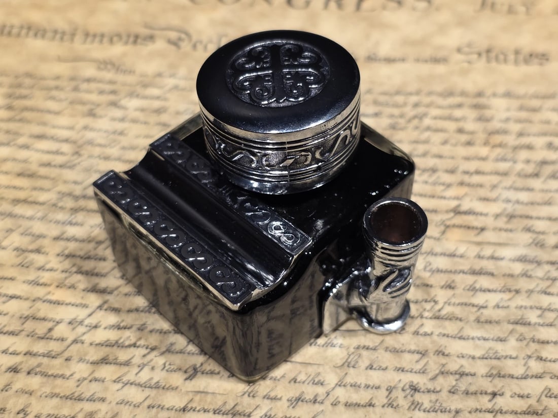 5" Glass Inkwell Pen Rest Filled with 1.75 oz Black Ink - 4